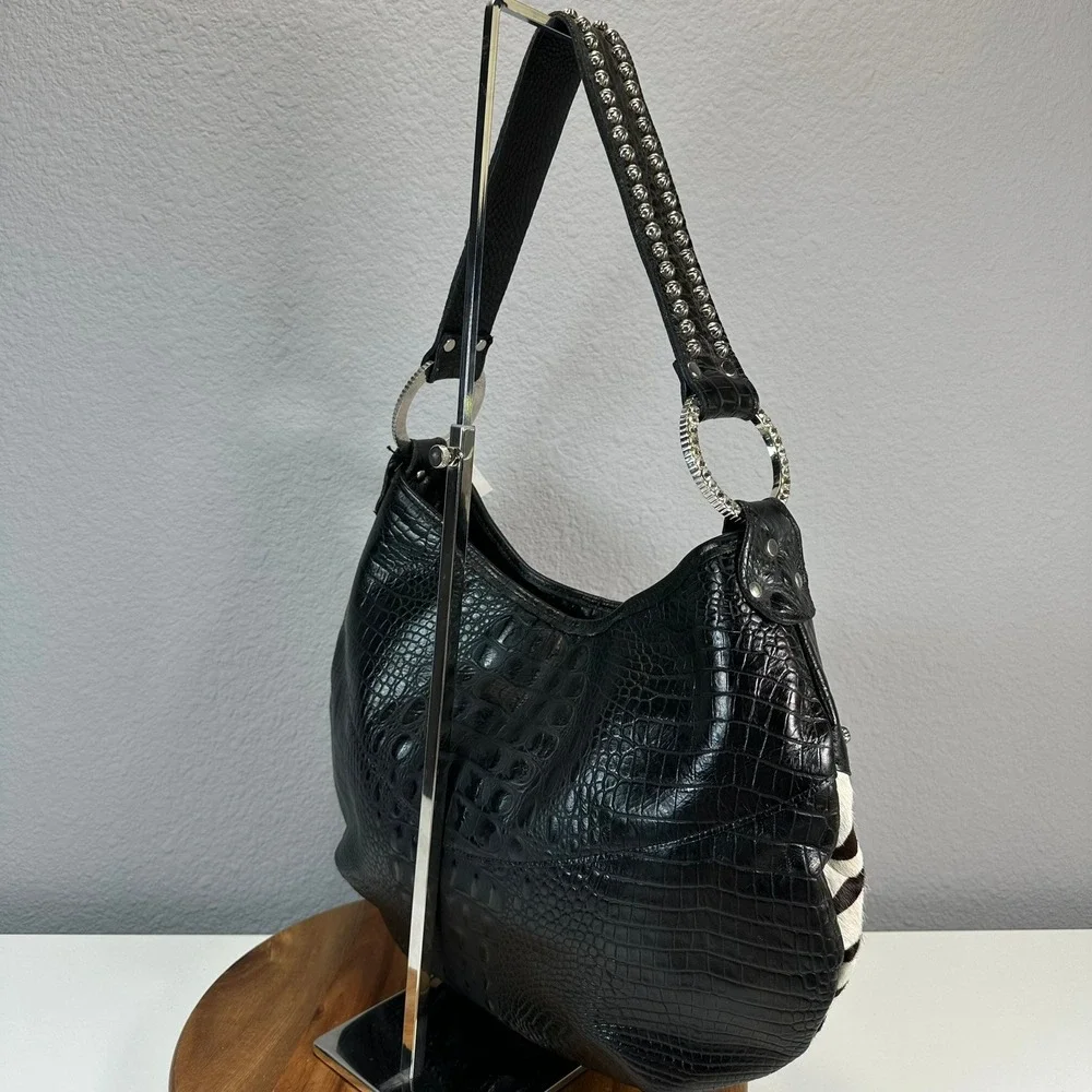 Raviani Leather Zebra Fur Hobo Bag‎ Rhinestone Gems Purse Shoulder Bag Western